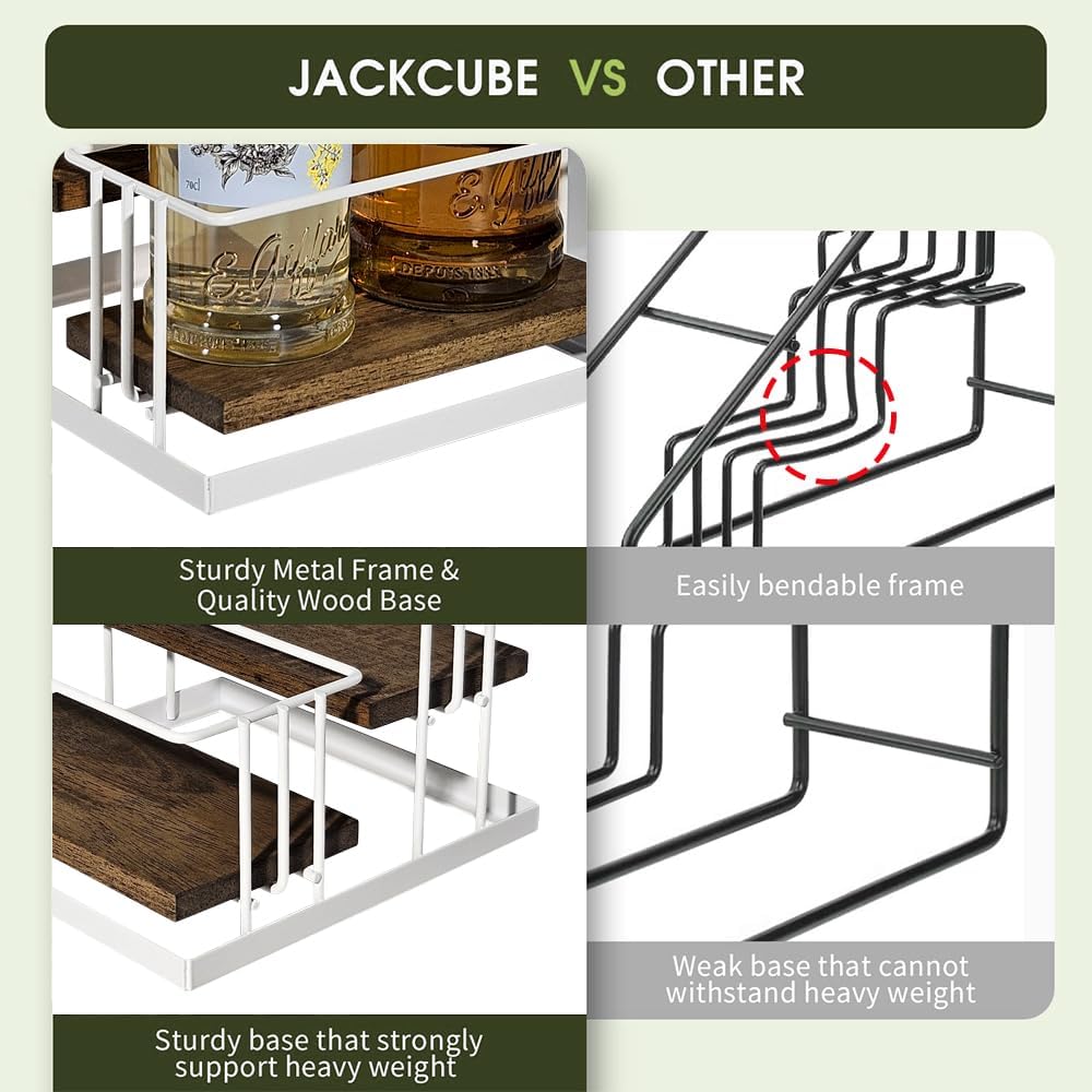 J JACKCUBE DESIGN Cofee Syrup Bottle Holder Rack, Rustic Wood and White Metal Wire 2 Tier 4 Syrup, Wine, Dressing Bottle Countertop Display Storage Stand for Kitchen Coffee Bar- MK816F
