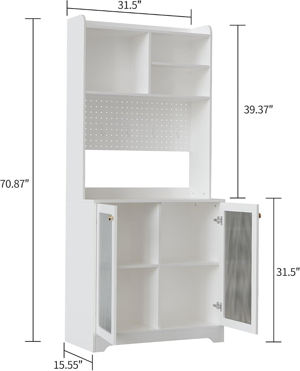 TrailBlaze Versatile Freestanding Kitchen Pantry Cabinet - 71" Tall Sideboard Buffet with Pegboard, 2 Glass Doors, Adjustable Shelves & 6 Hooks, Multi-Compartment Storage for Dining Room or Hallway