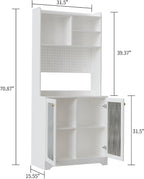 TrailBlaze Versatile Freestanding Kitchen Pantry Cabinet - 71" Tall Sideboard Buffet with Pegboard, 2 Glass Doors, Adjustable Shelves & 6 Hooks, Multi-Compartment Storage for Dining Room or Hallway
