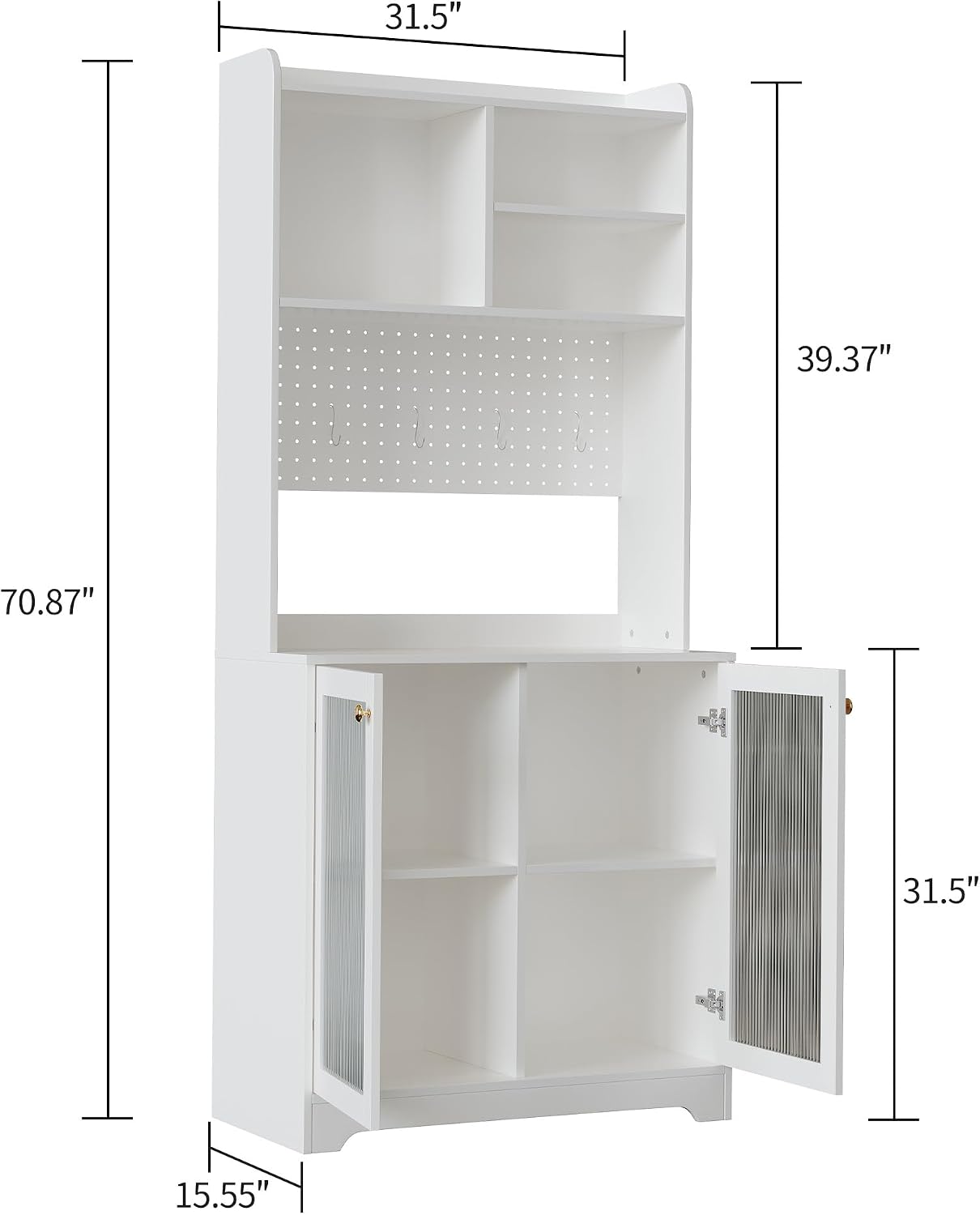 TrailBlaze Versatile Freestanding Kitchen Pantry Cabinet - 71" Tall Sideboard Buffet with Pegboard, 2 Glass Doors, Adjustable Shelves & 6 Hooks, Multi-Compartment Storage for Dining Room or Hallway