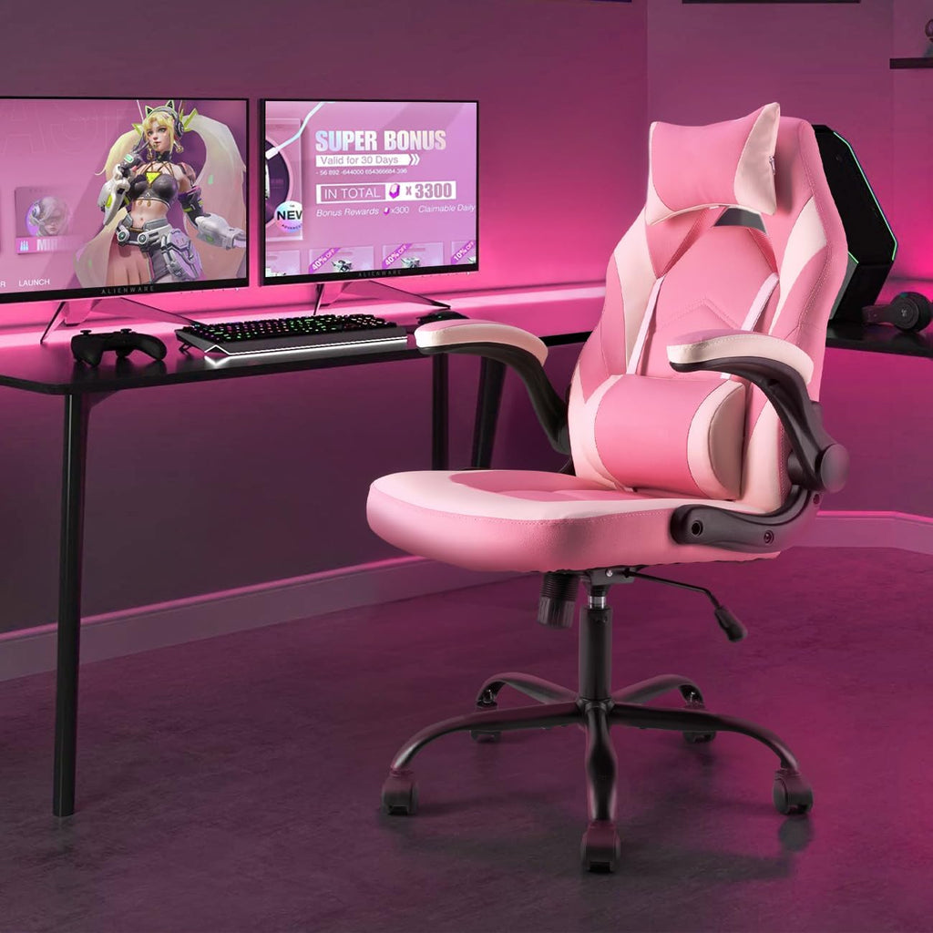 Ergonomic Computer Gaming Desk Chair, PU Leather with Adjustable Lumbar Support and Headrest, Flip-Up Armrests Swivel Wheels & Reclining Chair for Adults and Teens (Pink)