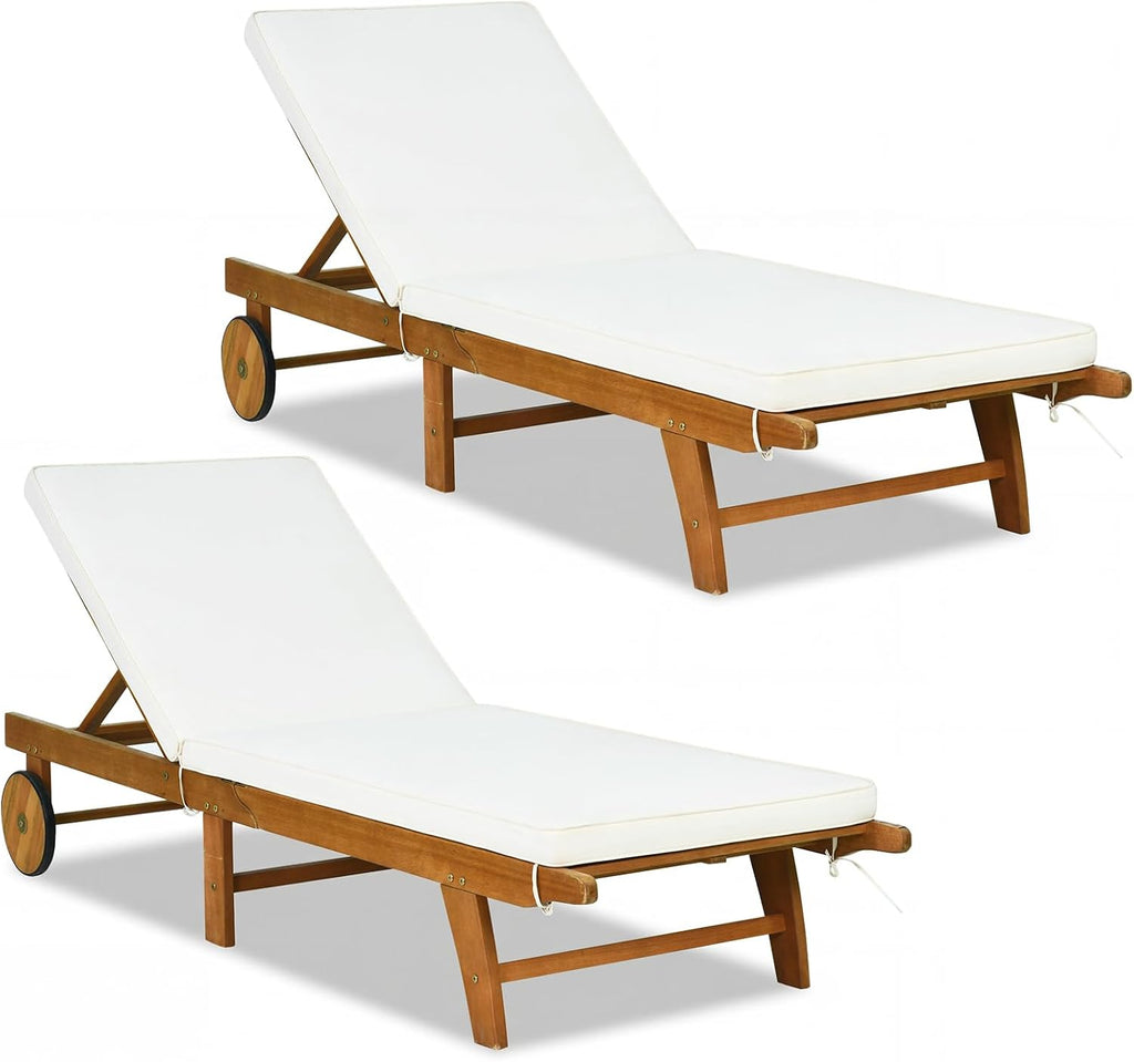 Tangkula Folding Lounge Chairs Outdoor Set of 2, Patio Eucalyptus Wood Chaise Lounge with 5-Level Adjustable Backrest & Cushions, Portable Beach Pool Sunbathing Recliner with Wheels for Outside