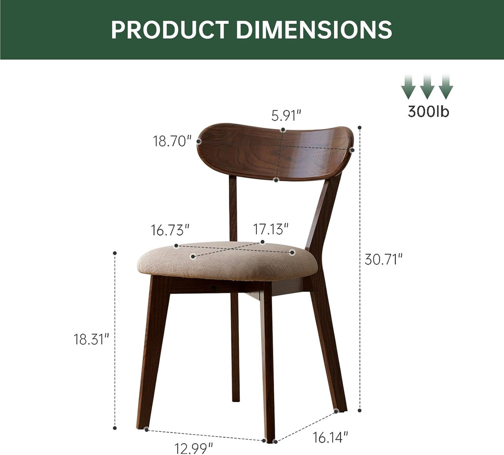 100% Solid Wood Upholstered Dining Chairs, Mid Century Modern Oak Dining Chairs with Curved Back Design with Butterfly Wing Shape for Kitchen, Dining Room, Restaurant (4, Walnut Color-Grey Cushion)