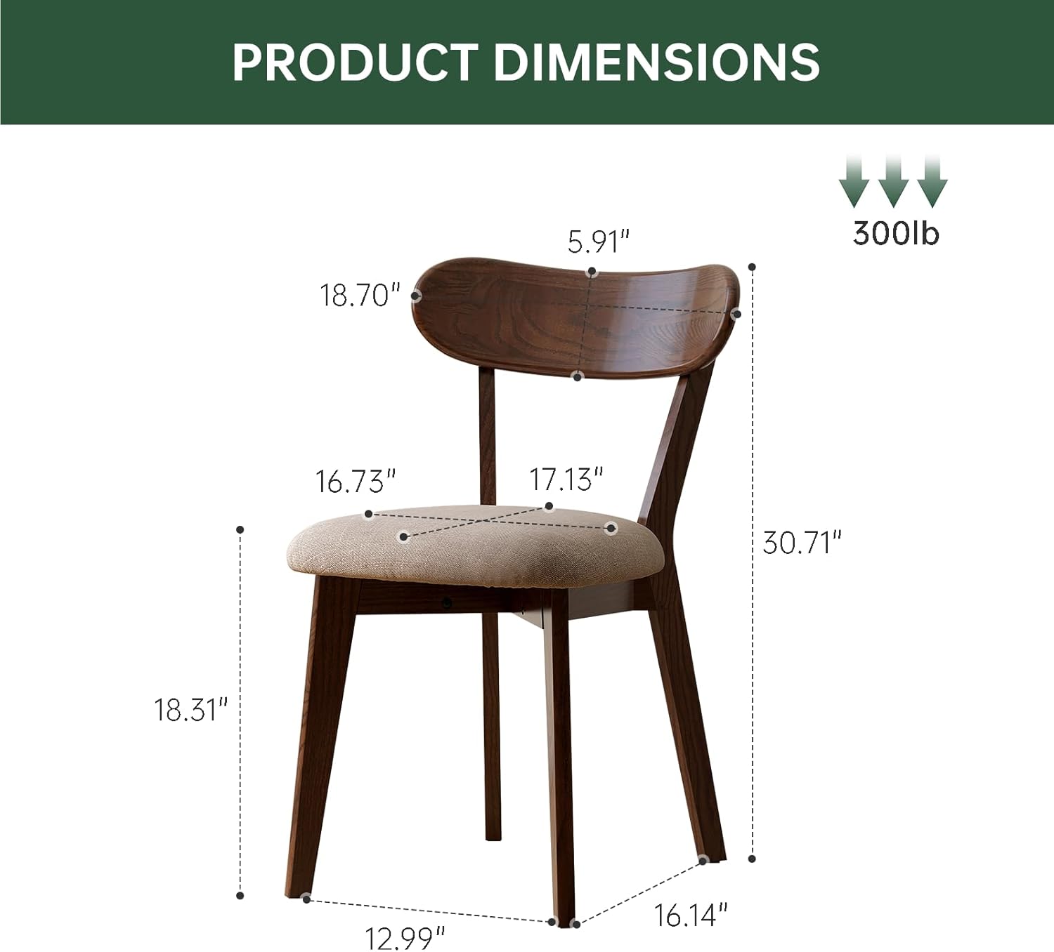 100% Solid Wood Upholstered Dining Chairs, Mid Century Modern Oak Dining Chairs with Curved Back Design with Butterfly Wing Shape for Kitchen, Dining Room, Restaurant (4, Walnut Color-Grey Cushion)