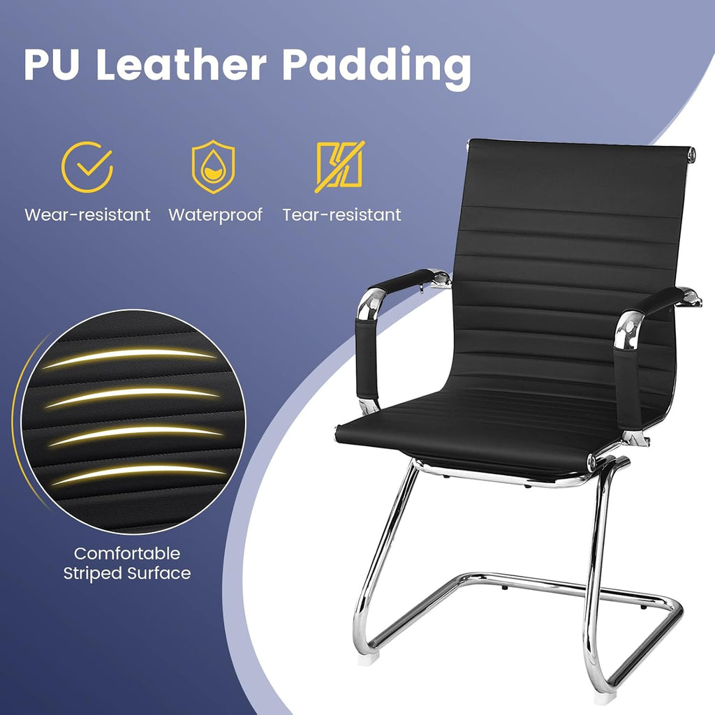 Tangkula Office Guest Chair Set of 2, Heavy Duty Reception Chairs Conference Room Chairs with Protective Arm Sleeves & Sled Base, Modern PU Leather Classic Mid Back Guest Chairs no Wheels