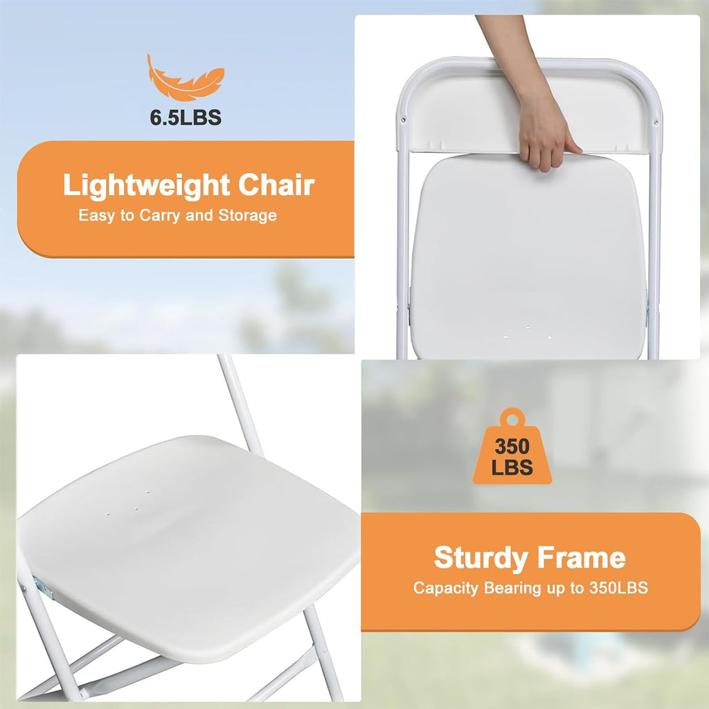 OLLODOT 10 Pack White Folding Chairs with 350-LBS Capacity, Plastic Foldable & Portable Indoor Outdoor Chairs, Portable Commercial Seat with Steel Frame for Office, Party, Events, Wedding & Dinning
