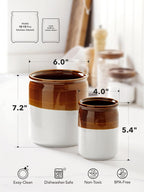LE TAUCI Kitchen Utensil Holder for Countertop, Ceramic Utensil Crock Set of 2, Rustic Brown Holder for Spatulas, Spoons and Ladles, Large Farmhouse Kitchen Counter Decor, Brown and White, 7.2" & 5.4"