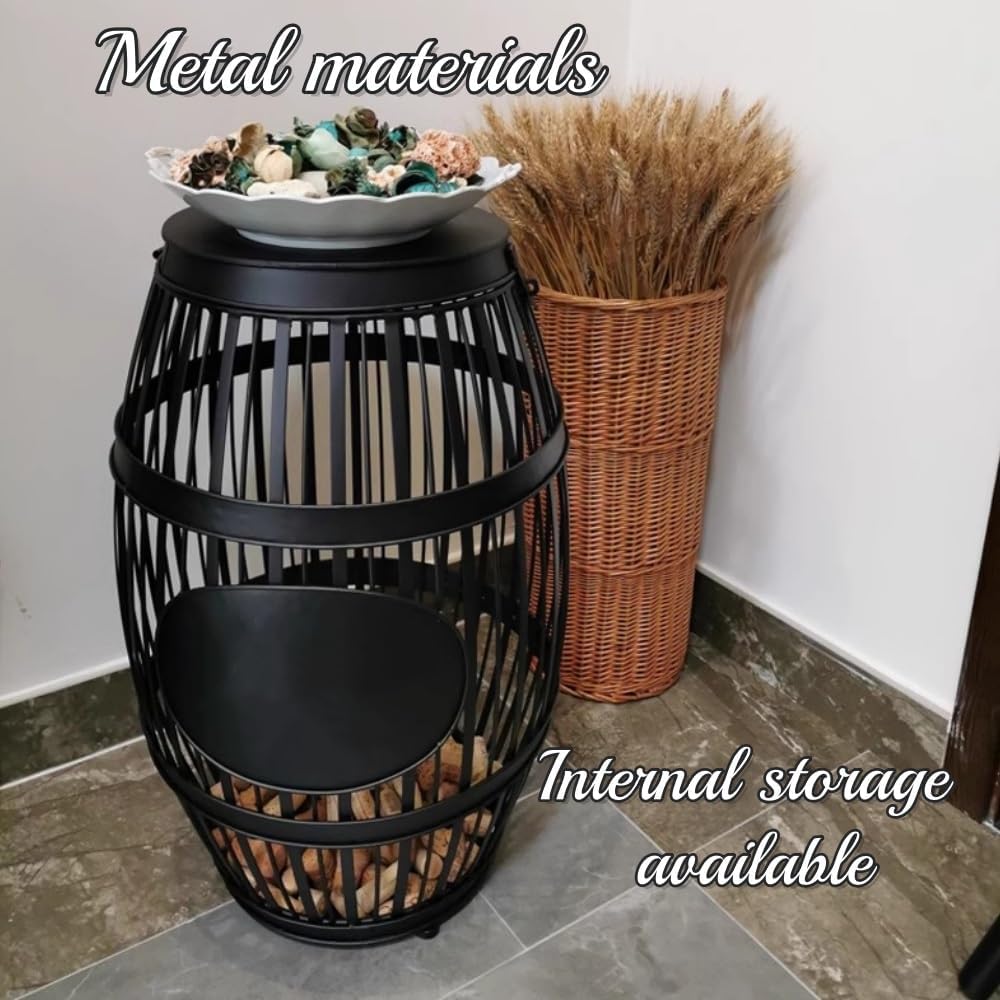 Metal Barrel Side Table with Storage, Wine Cork Holder Display, Whiskey Barrel Table for Living Room, Bedroom, Bar(23.6in)