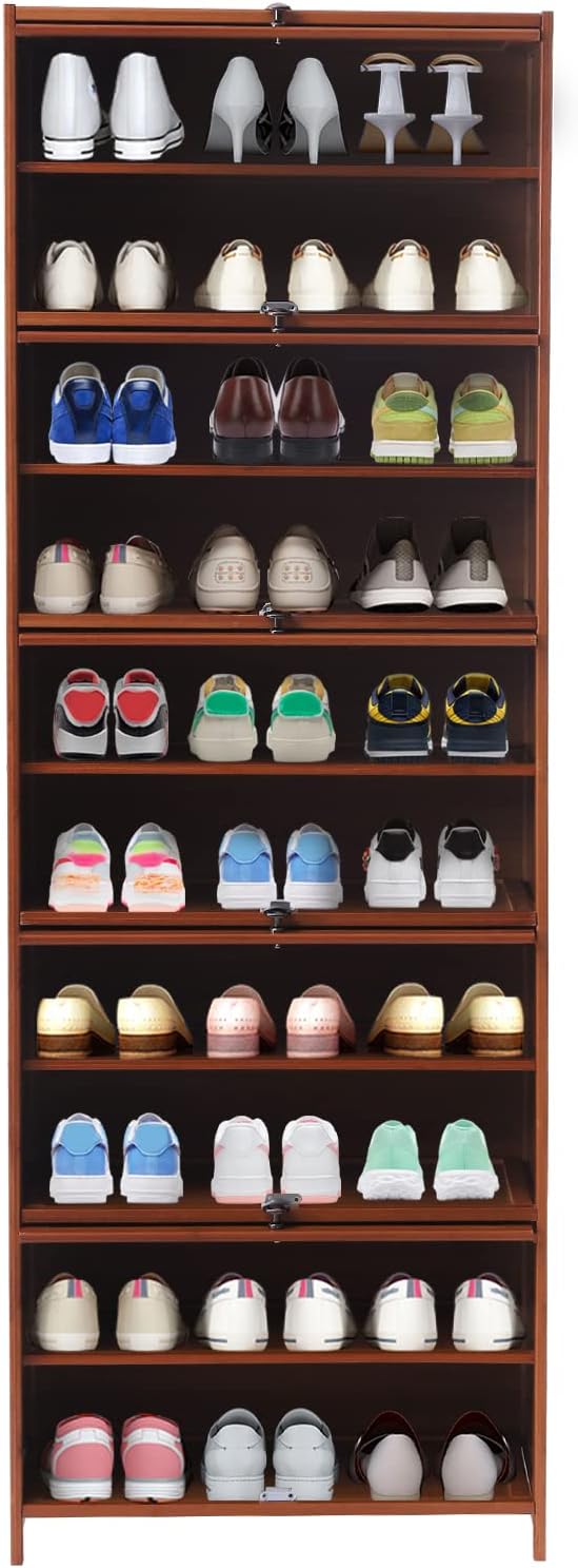 10-Tier Tall Bamboo Shoe Storage Cabinet, 67.72In Removable Freestanding Shoes Storage Cabinet with 5 Doors, 20 Pairs Sneakers Rack Organizer for Entryway Office Living Room, Brown