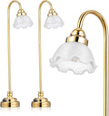 2 Pcs Miniature Dollhouse Floor Lamp, 1/12 Scale Battery Operated Mini Lamps, LED Lighting for Doll House Furniture Accessories, Gold Flower Shade Room Deco