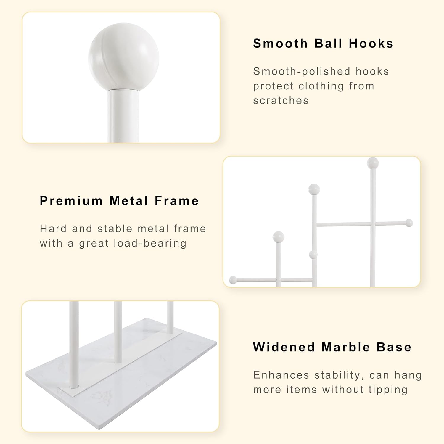 JIAYUEJU Standing Coat Rack for Bedroom 19.69 x 11.02 x 68.9 in (White) | Heavy Duty, Space Saver, Metal Frame, Marble Base, Essential Items Organizer for Clothes Bags, for Living Room Hotel Entryway