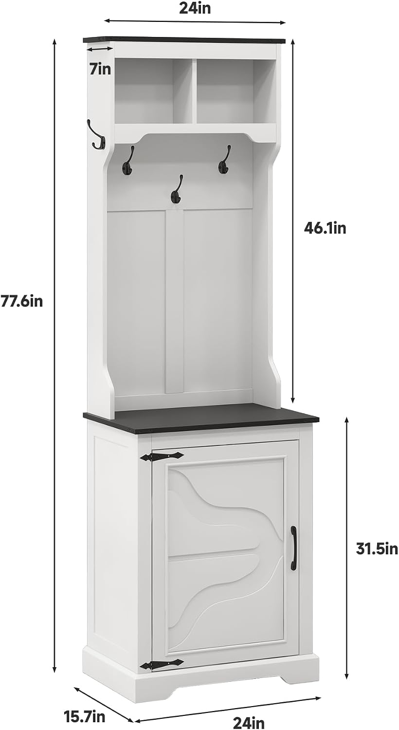 Maupvit Farmhouse Narrow Coat Rack with Shoe Storage, 6 Shoe Cubbies & 4 Coat Hooks, Hall Tree with Shoe Storage, Entryway Bench with Adjustable Shelves for Hallway, Living Room, Mudroom, White