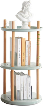 3-Tier Rotating Side Table, Round End Table with Storage Basket & Bookends, Modern Narrow Nightstand for Small Spaces, Living Room, Bedroom, Mint Green & Natural Wood