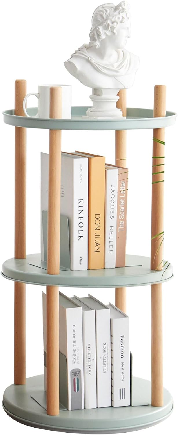 3-Tier Rotating Side Table, Round End Table with Storage Basket & Bookends, Modern Narrow Nightstand for Small Spaces, Living Room, Bedroom, Mint Green & Natural Wood