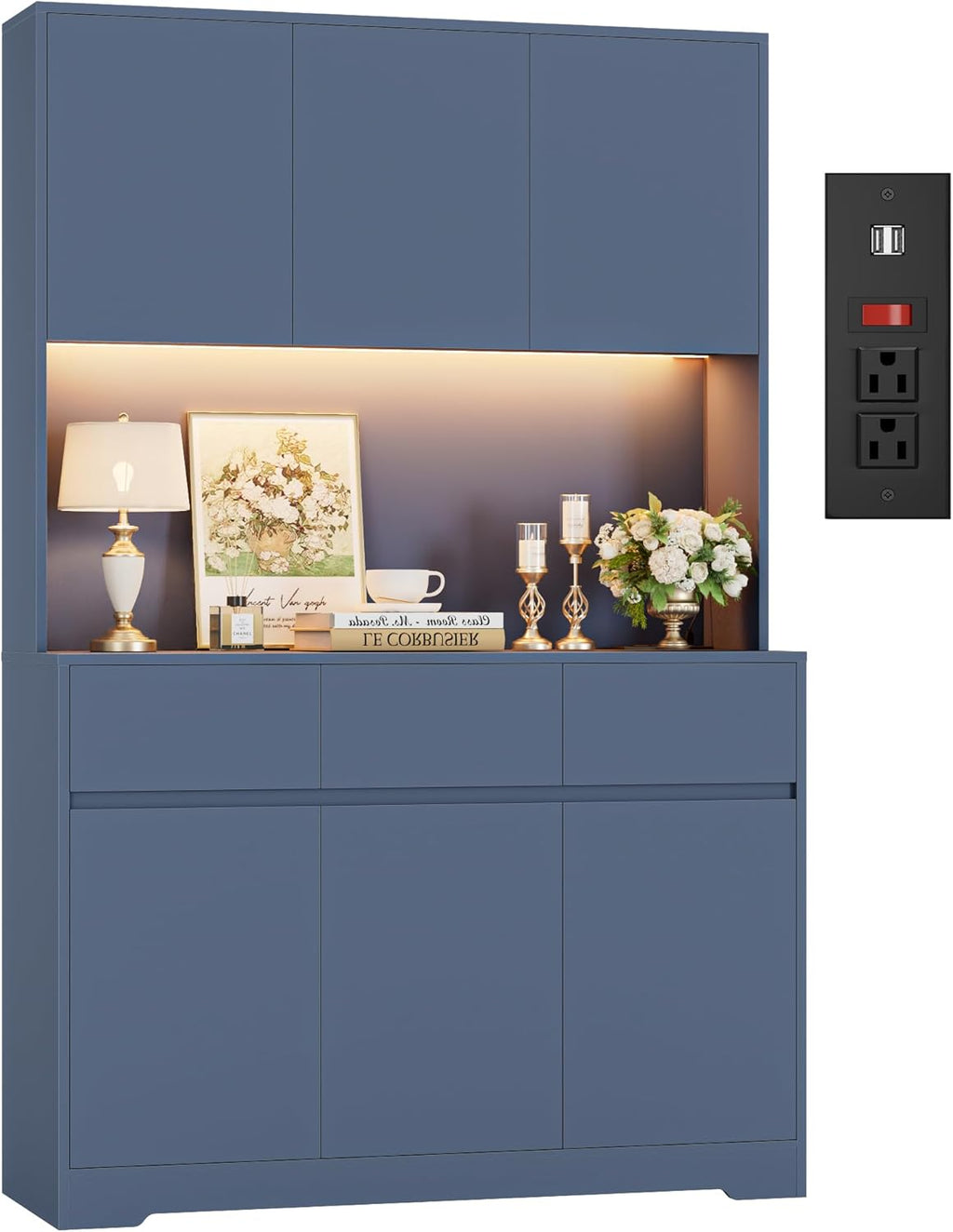 FINETONES 71" Pantry Cabinet with Power Outlets and Led Lights, Large Kitchen Hutch Storage with Microwave Stand, Tall Pantry Kitchen Cabinet with Cupboard, Blue