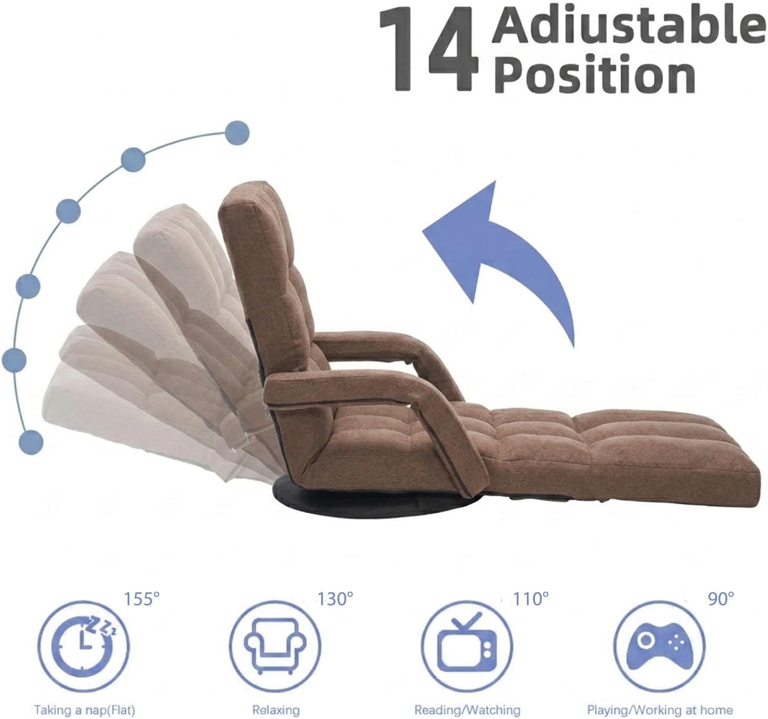 360° Swivel Floor Gaming Chair with Adjustable Footrest, 14-Position Folding Floor Lounger Sofa with Armrests, Reclining Floor Chair for Adults, Reading, Gaming & Relaxing (Brown)