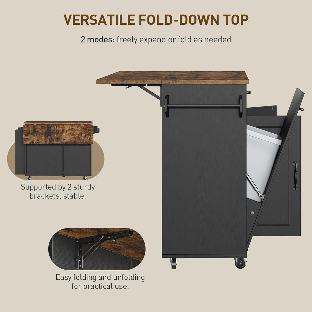 RALGEND Kitchen Island with Power Outlet & Drop Leaf, Mobile Rolling Cart with Trash Can Storage, 3-Tier Spice Rack, Island Table for Kitchen, Dining Room, Black and Rustic Brown