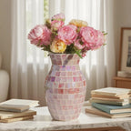 Pink Glass Vases for Flowers, Mosaic Vases Home Decor Glitter Handmade Modern Decorative Flower Holder for Home Table Decor Vase for Centerpieces Perfect for Office Living Room Banquet Wedding Gift