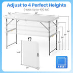4 Foot Foldable Table with Built in Handle & Steel Legs, 4FT Portable Adjustable Height Heavy Duty Small Card Folding Table for Parties, Dining, Events, Picnic, Indoor & Outdoor, Camping, Utility