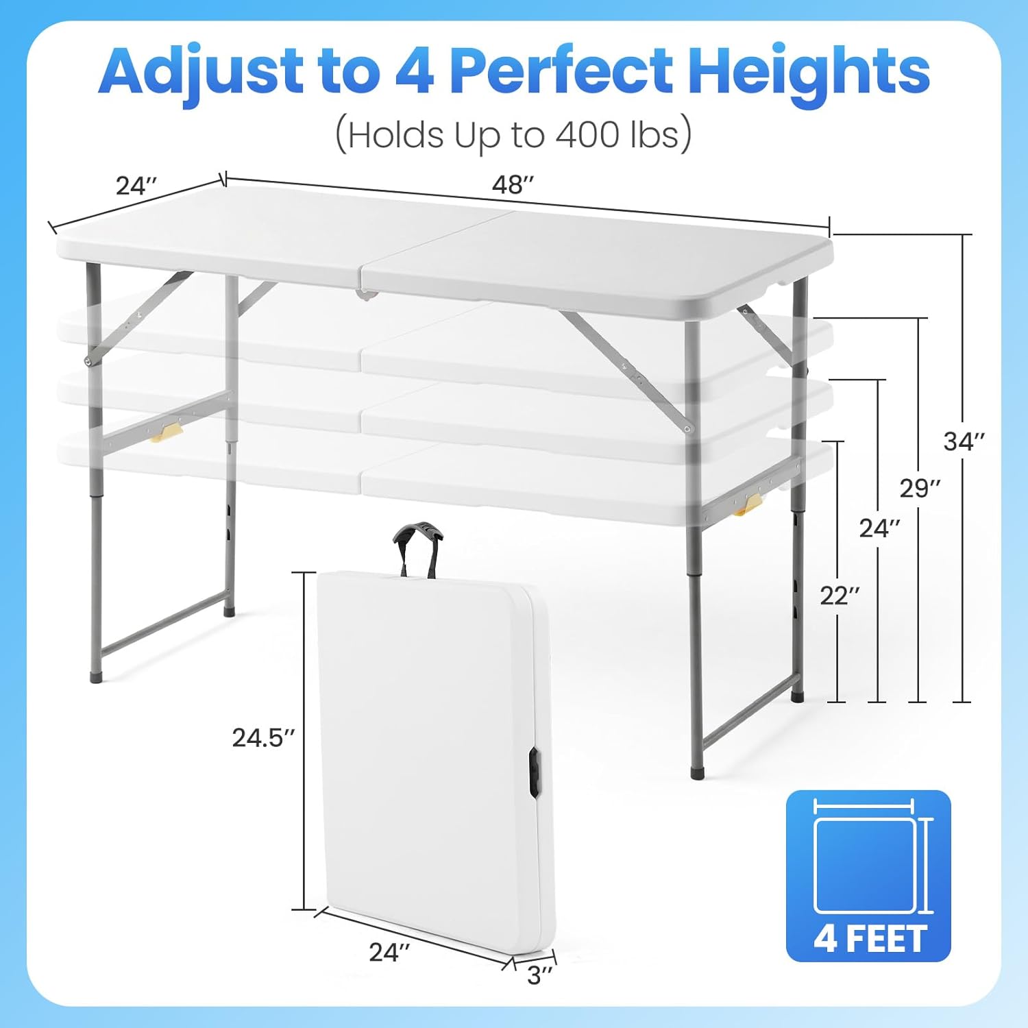 4 Foot Foldable Table with Built in Handle & Steel Legs, 4FT Portable Adjustable Height Heavy Duty Small Card Folding Table for Parties, Dining, Events, Picnic, Indoor & Outdoor, Camping, Utility