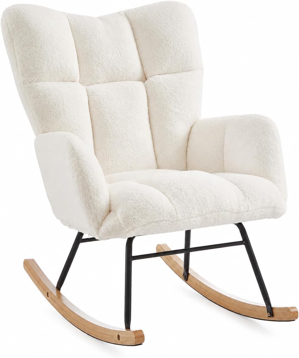 Nursery Rocking Chair, Ergonomic High Back Armrests, Metal Frame Capacity Easy Assembly, Accent Chair with High Backrest Reading Chair for Adult, Nursery, Bedroom, Living Room,Offices