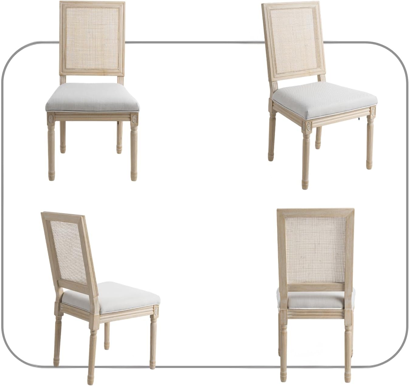 CIMOTA Farmhouse Dining Chairs Set of 8, French Rattan Dining Room Chairs with Rectangle Back/Distressed Wood Upholstered Vintage Side Chairs for Kitchen/Restaurant, Linen Beige/8PCS
