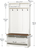 HOOBRO Hall Tree with Bench, Entryway Bench with Coat Rack and Shoe Cabinet, Flip Drawers, Farmhouse Hall Tree with Shoe Organizer, Mud Room, White and Walnut WH85MT01