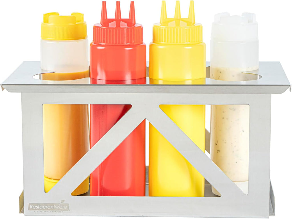 Restaurantware Squeeze Bottle Holder 1 Count Fits 1/3 Size Pan 12.79 x 7.09 x 6.26 Inch Stainless Steel Condiment Bottle Organizer - Durable Kitchen Prep Bottle Rack - Silver