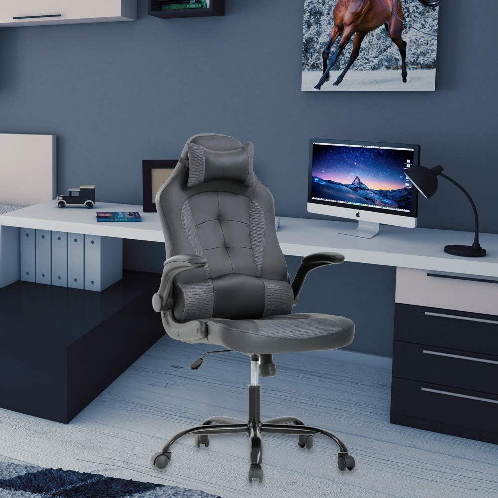 Meet Perfect Gaming Chair Ergonomic Office Desk - Leather Computer Chair With Lumbar Support and Head Pillow - Modern Executive Adjustable Rolling Swivel Task Chair for Home Office, Grey