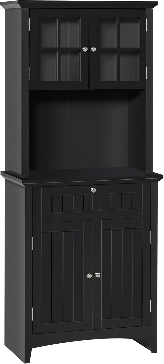 Kitchen Pantry Storage Cabinet with Framed Glass Door Drawer and Microwave Space, Black,for Kitchen