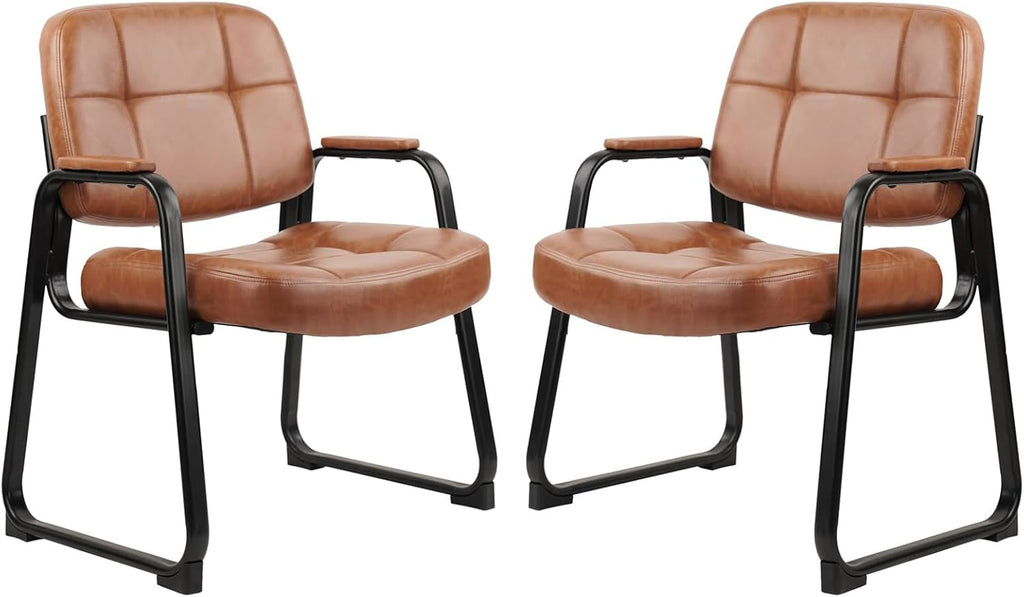 CLATINA Big & Tall 500 lb Waiting Room Chairs with Padded Armrests and Sled Base, Leather Stationary No Wheels Office Reception Guest Chair for Lobby Home and Meeting Conference, Brown (2 Pack)