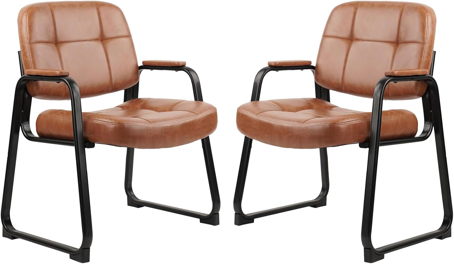 CLATINA Big & Tall 500 lb Waiting Room Chairs with Padded Armrests and Sled Base, Leather Stationary No Wheels Office Reception Guest Chair for Lobby Home and Meeting Conference, Brown (2 Pack)