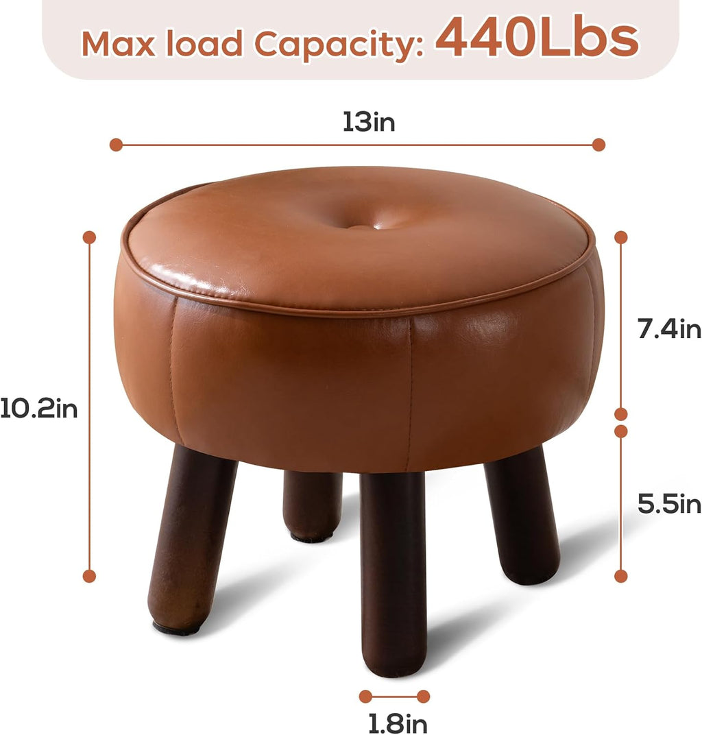 oakvivo Small Foot Stool, Round Faux Leather Pouf Ottoman Foot Rest, Footstool Ottomans with Rubber Legs Under Desk, 13''L x 13''W x 10.2''H, Footrest for Couch, Living Room, Bedroom, Hallway, Brown