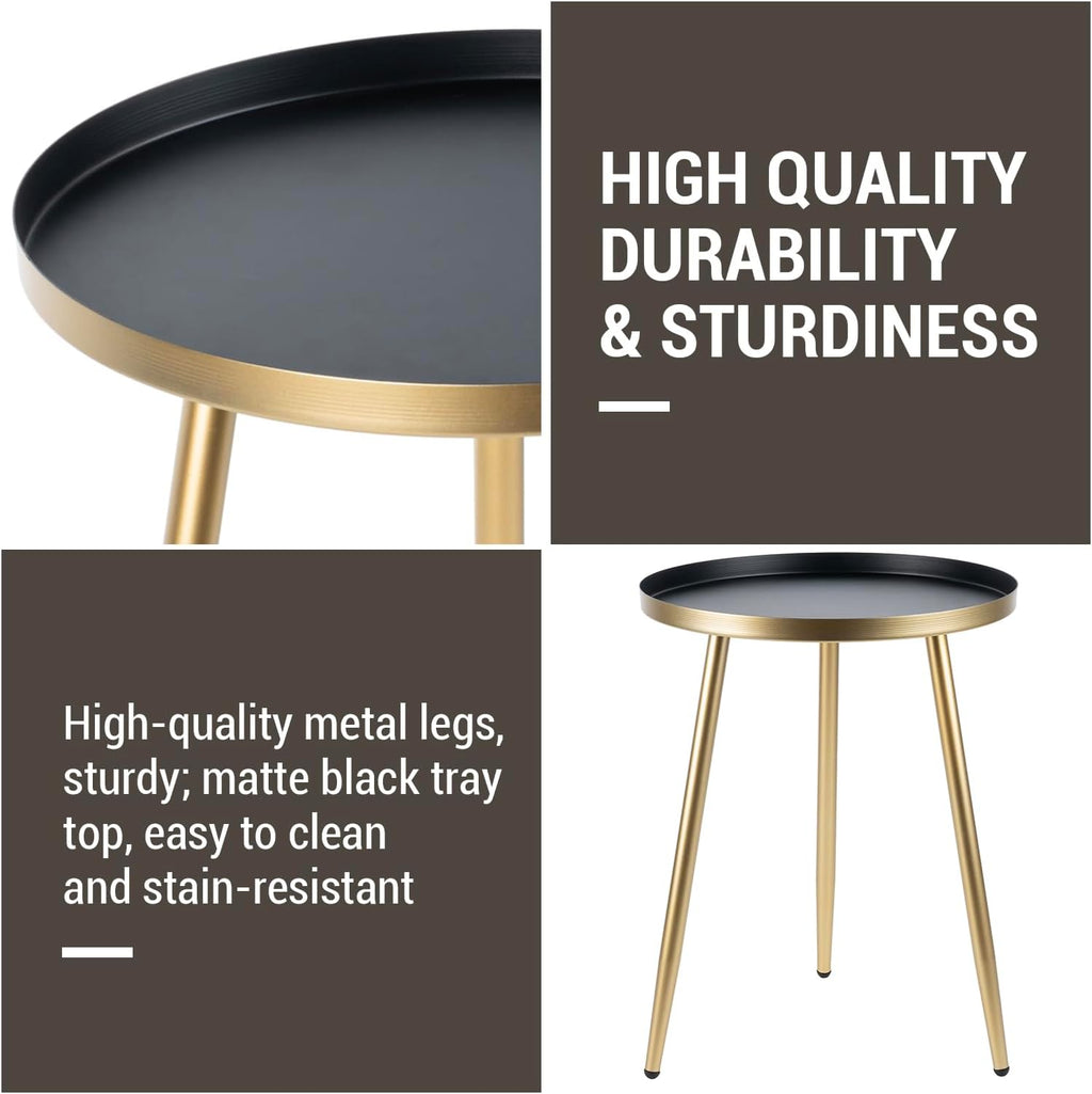MyGift Gold End Table, Metal Nightstand, 22 Inch Tall Round Side Table with Matte Black Tray Top for Living Room Sofa Side Table Bedroom Plant Stand Home Decor