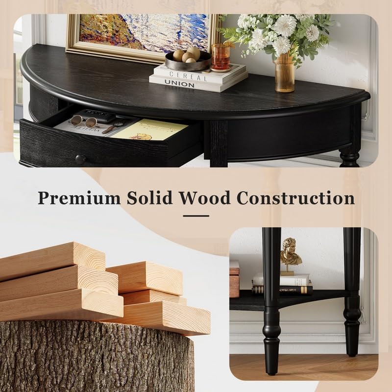 Polibi Half Moon Console Table, Entryway Table with Drawer & Shelf, Adjustable Feet, Rustic Vintage Design, Sofa Table for Entryway, Living Room, Hallway and Foyer, Black