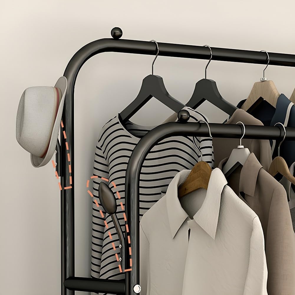 Double Rail Wardrobe nizer - 2-Tier Stora Shelf with 4 Hoo & Wheels - Versatile Closet nizer for Bedroom & Retail - Space-Saving Design (150x50x162cm)
