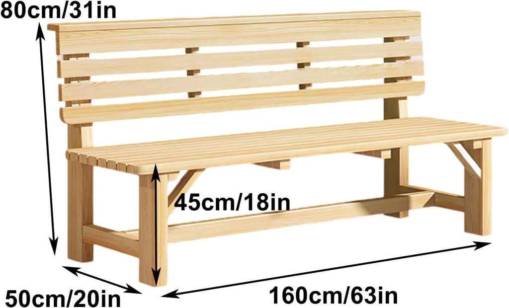 Wood Bench Outdoor with Backrest, Double Garden Bench, Suitable for Parks, Courtyards, Lawns, Playgrounds, and Terraces(Brown,160x40x80cm/63x16x31in)