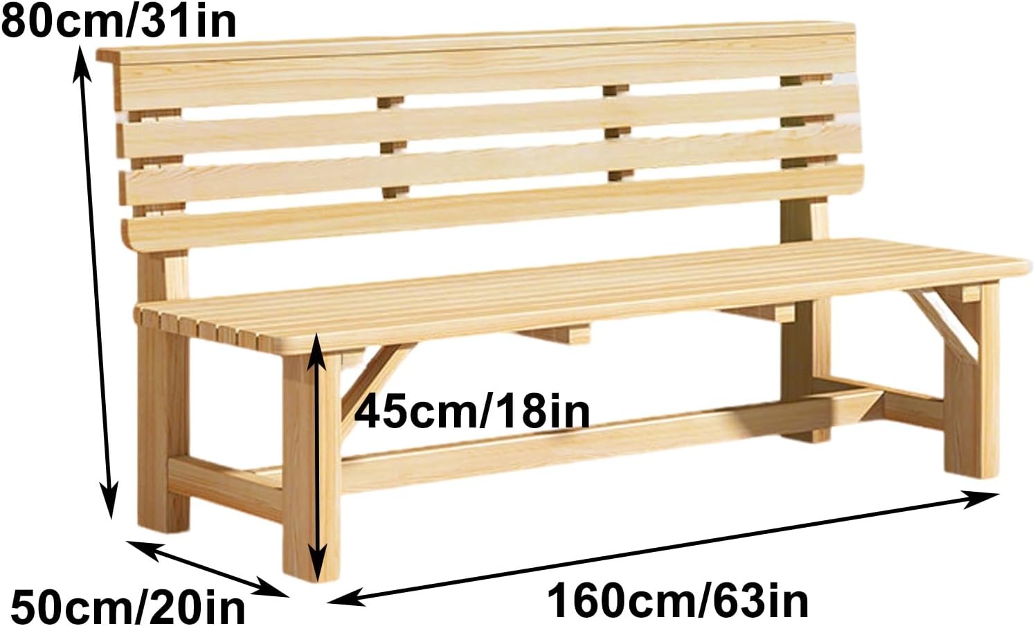 Wood Bench Outdoor with Backrest, Double Garden Bench, Suitable for Parks, Courtyards, Lawns, Playgrounds, and Terraces(Brown,160x40x80cm/63x16x31in)