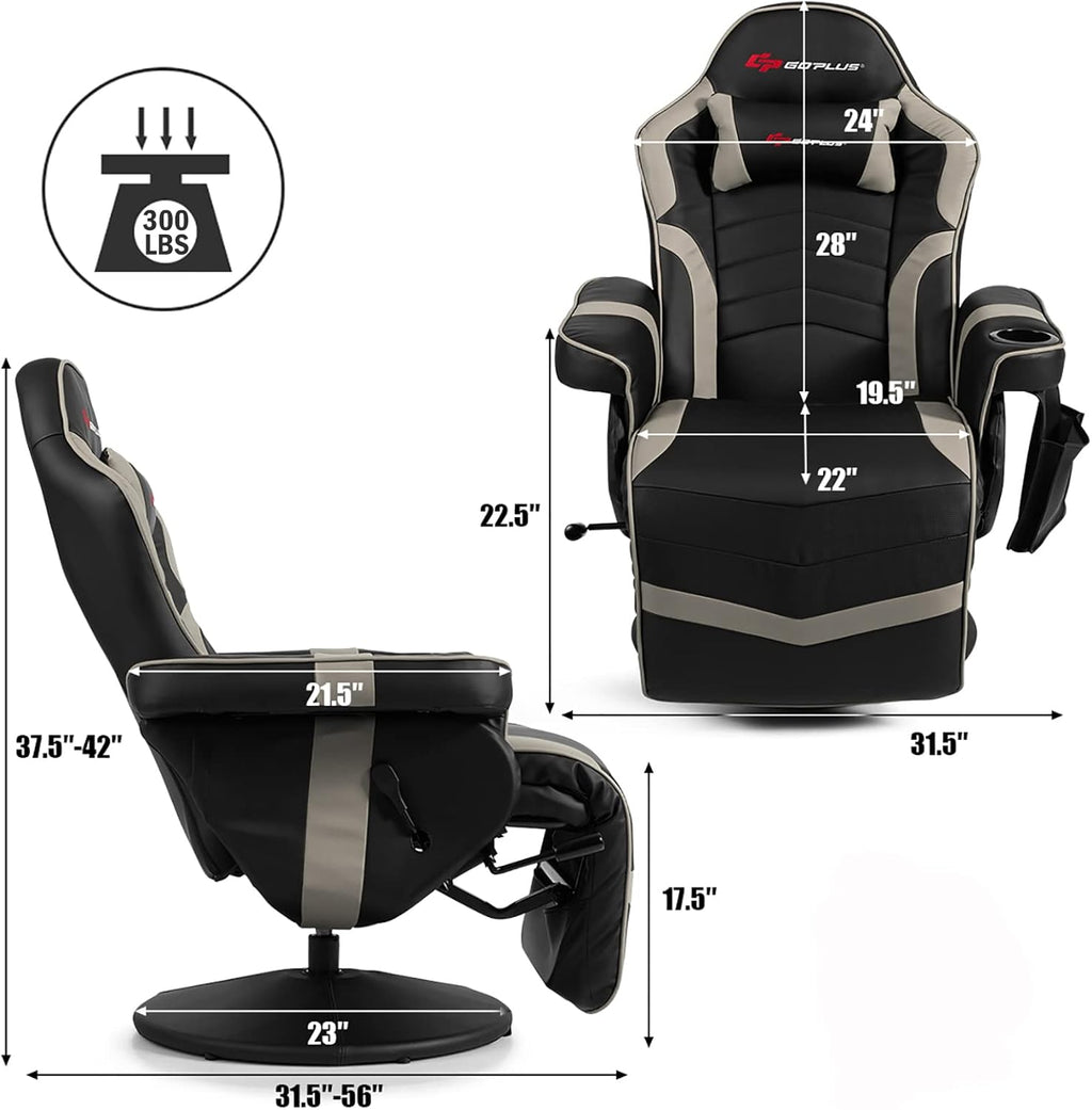 POWERSTONE Gaming Recliner Massage Gaming Chair with Footrest Ergonomic PU Leather Single Sofa with Cup Holder Headrest and Side Pouch, Adjustable Living Room Chair Home Theater Seating (Grey)