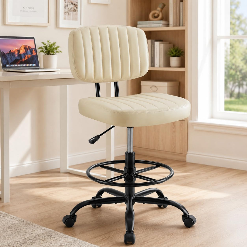 Simple Deluxe Armless Drafting Chair, Low Back PU Leather Office Seat with Footrest Ring, Swivel Rolling Stool for Standing Desk, Studio, Lab, Counter and Small Spaces, Beige