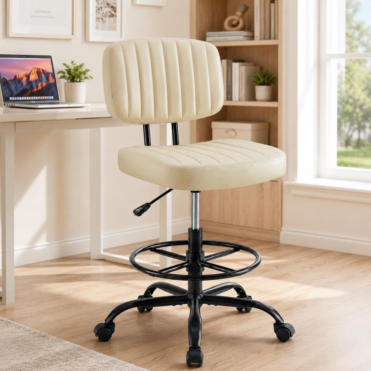 Simple Deluxe Armless Drafting Chair, Low Back PU Leather Office Seat with Footrest Ring, Swivel Rolling Stool for Standing Desk, Studio, Lab, Counter and Small Spaces, Beige