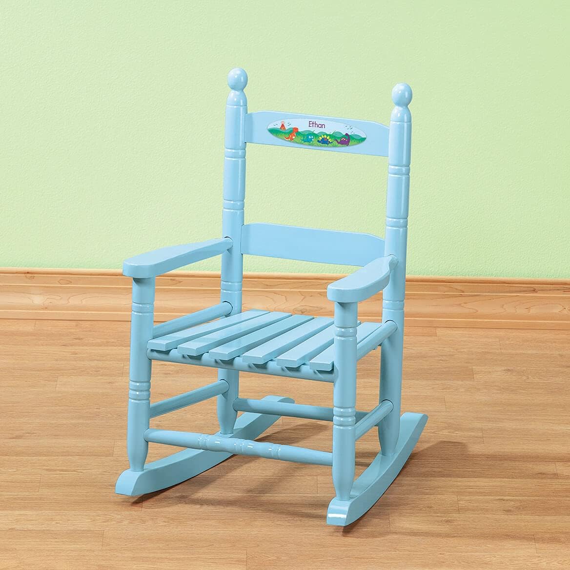 Fox Valley Traders Custom Childrens Rocking Chair, Features Classic Rocker Design and Hardwood Construction, Blue Finish with Dinosaurs Design