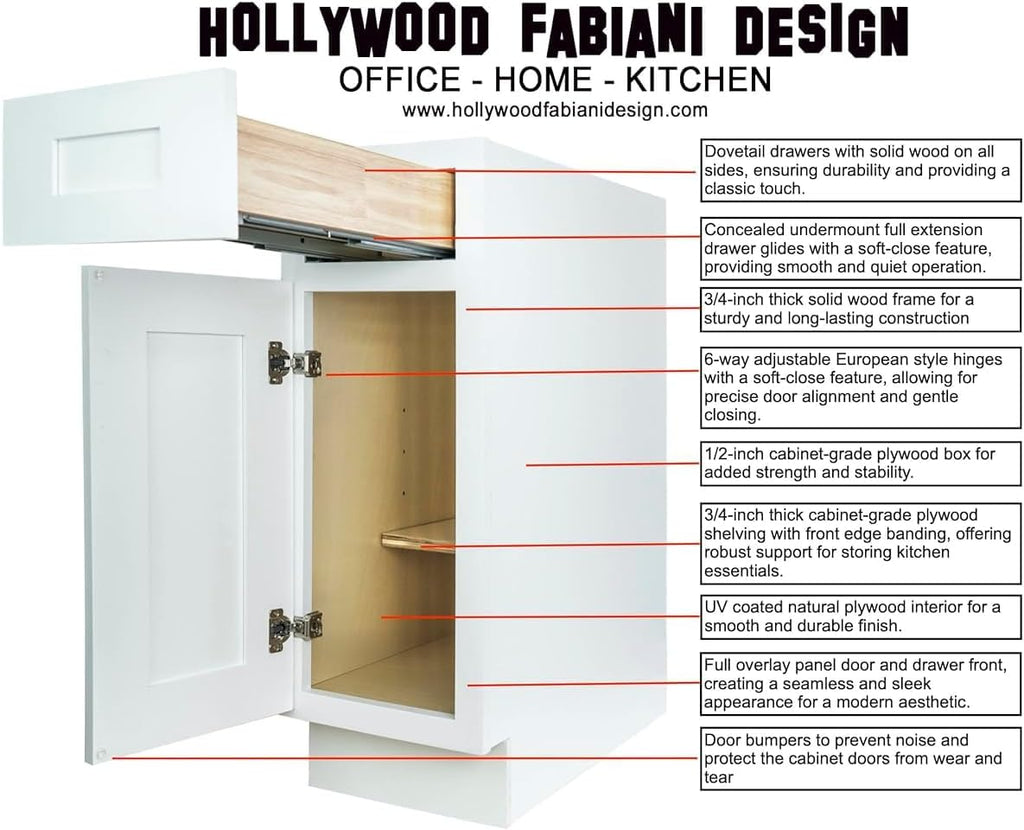 Hollywood Fabiani Design Pantry Wall Kitchen Cabinet - 18 in. W x 24 in. D x 84 in. H, Shaker White - Solid Wood Frame, 1/2-Inch Cabinet-Grade Plywood, Soft-Close Doors, Ready to Assemble