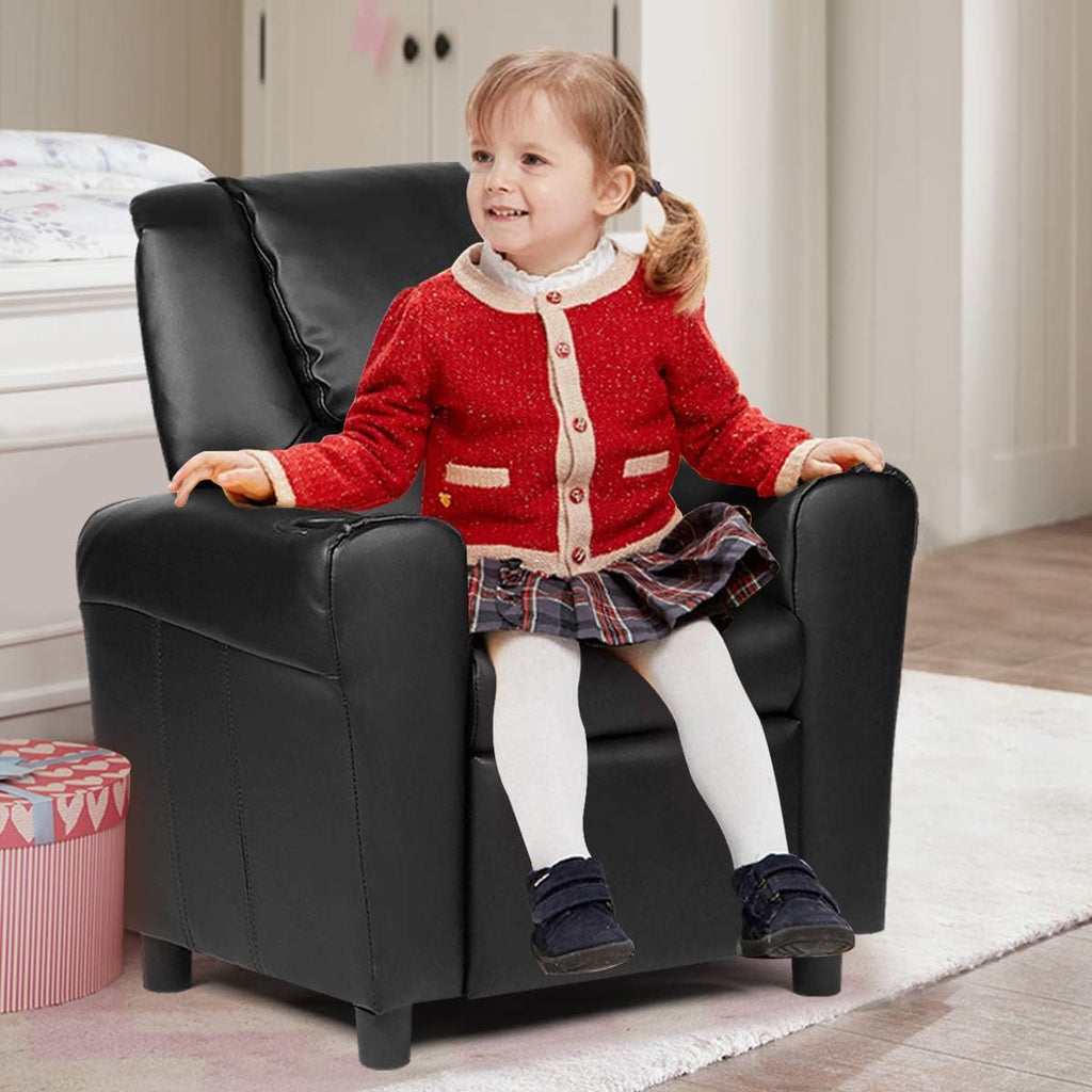 ARLIME Kids Recliner Chair, Toddler Armchair Upholstered Couch with Cup Holder, Backrest, Baby Leather Sofa with Headrest and Footrest, Child Furniture for Ages 2-7 (Black)