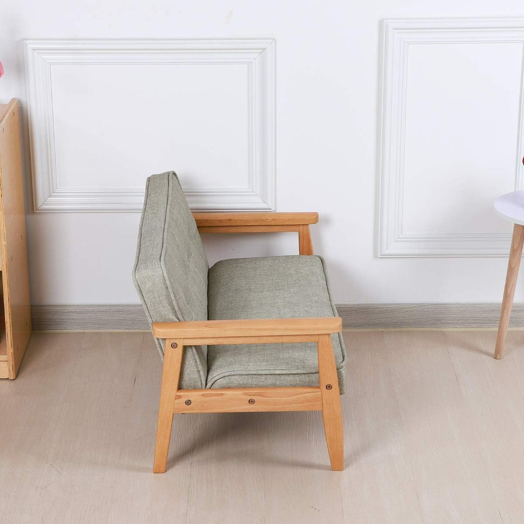 Double Seater Kid Sofa Chair, Kid Couch with Solid Wood Arm and Linen Pattern PVC for Kids Rest (Light Grey)