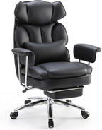 DUMOS Home Office Desk Executive Chair - Ergonomic Big Tall High Back with Footrest & Lumbar Support, Reclining Height Adjustable, Comfy PU Leather Computer Gaming with Swivel Wheels, Black