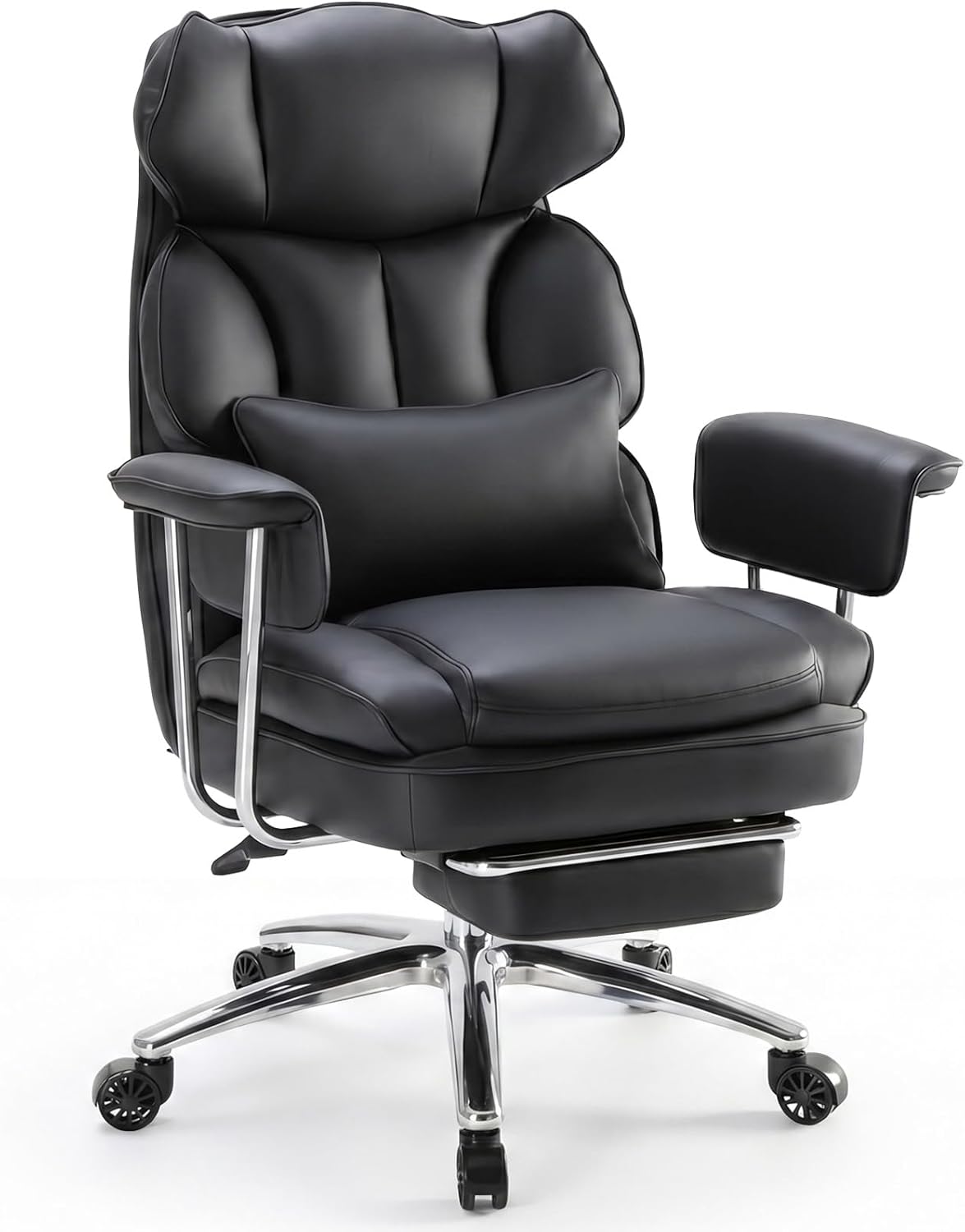 DUMOS Home Office Desk Executive Chair - Ergonomic Big Tall High Back with Footrest & Lumbar Support, Reclining Height Adjustable, Comfy PU Leather Computer Gaming with Swivel Wheels, Black