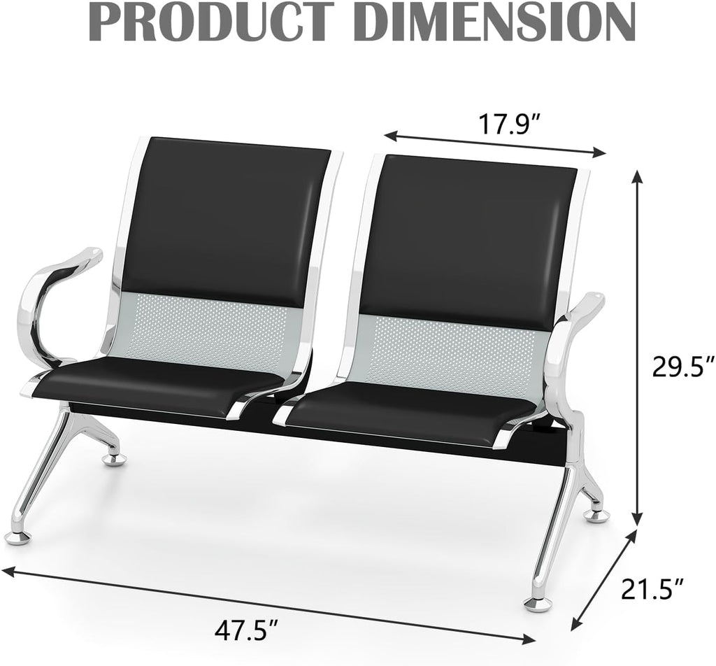 kinbor 2-Seat Waiting Room Chairs with Arms - Set of 3 Modern PU Leather Reception Bench for Airport, Hospital, Office Lobby - Breathable Mesh & Durable Steel Waiting Area Furniture (Black)