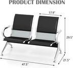 kinbor 2-Seat Waiting Room Chairs with Arms - Set of 3 Modern PU Leather Reception Bench for Airport, Hospital, Office Lobby - Breathable Mesh & Durable Steel Waiting Area Furniture (Black)