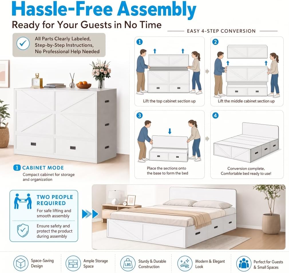 Mjkone Murphy Bed, Cabinet Beds Queen Size with Mattress Included, 3-in-1 Convertible Sofa Furniture Sets, Hidden Chest Bed with Storage Drawers, Guest Sleeper Beds for Small Room, Apartment - Wood